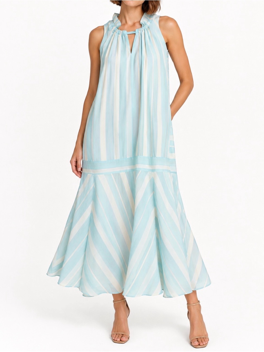 CIEBON Blue White Striped Ruffle Neck Maxi Dress XS Coastal Resort
